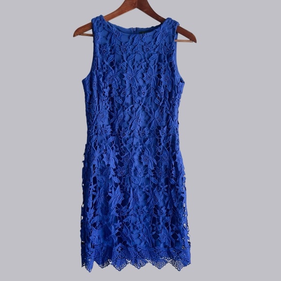 Ralph Lauren Cobalt Blue Floral Overlay Lined Dress Size 4 - Picture 2 of 16